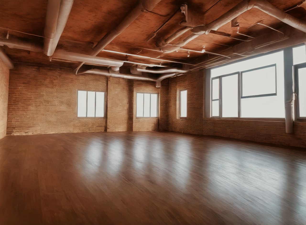 Empty timber loft with brick walls, exposed ceiling and a polished wood floor lit from tall windows.