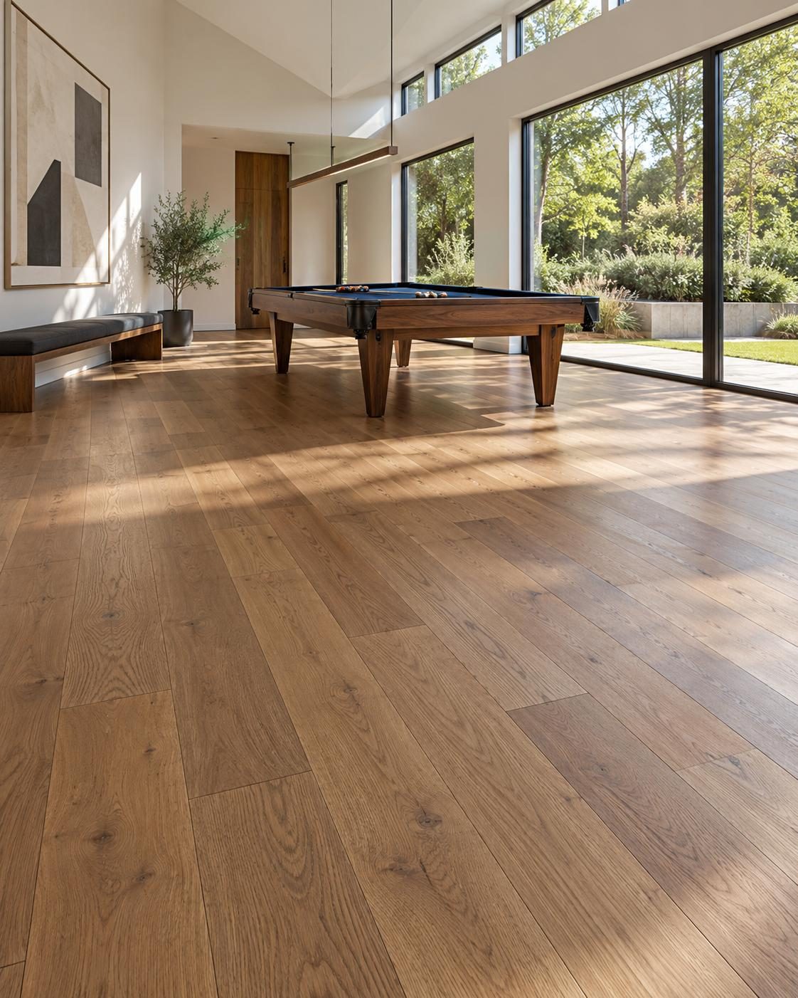 Bright room with floor-to-ceiling windows, a pool table and a warm mid-tone oak plank floor.