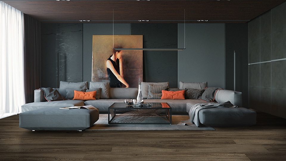 Ferma Simple American Walnut – Registered Emboss Surface by Ferma Flooring, luxury vinyl tile flooring, shown in a room setting (manufacturer image)