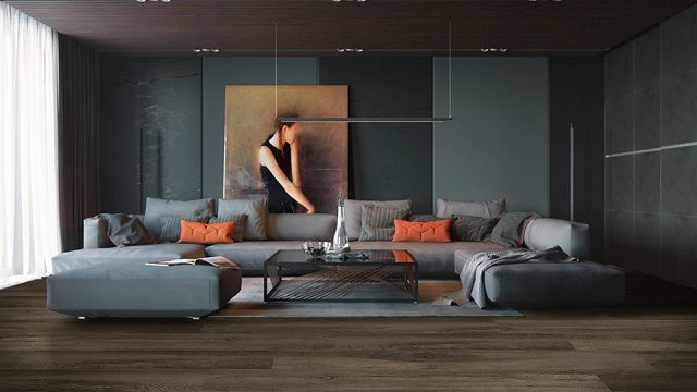 Ferma Simple American Walnut – Registered Emboss Surface by Ferma Flooring, luxury vinyl tile flooring, shown in a room setting (manufacturer image)