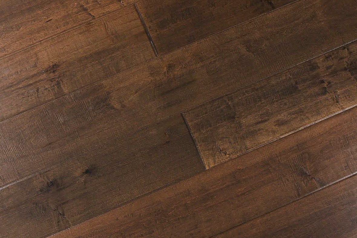 Montserrat Floor – Brown Distressed/Handscraped by Montserrat Floor, brown maple engineered wood flooring, detail view