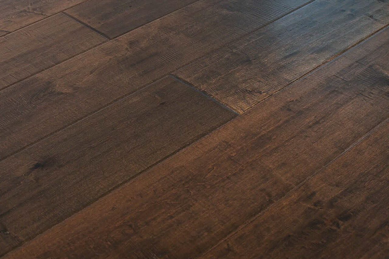 Montserrat Floor – Brown Distressed/Handscraped by Montserrat Floor, brown maple engineered wood flooring, detail view