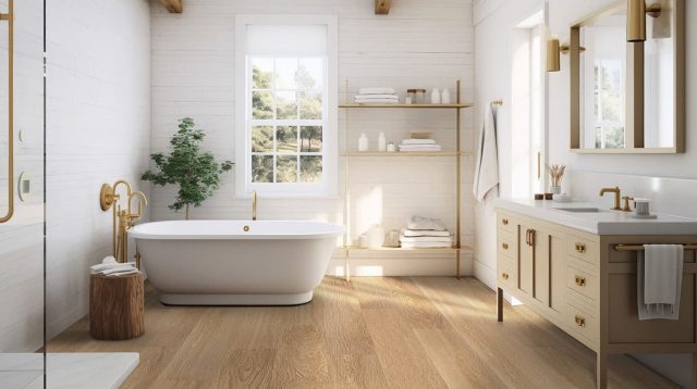 MSI Surfaces Simple LVP – Blonde Buff by MSI Surfaces, blonde luxury vinyl tile flooring, shown in a room setting (manufacturer image)