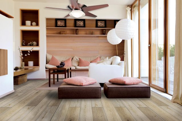 Durato Simple Palomino – 7″ x 48″ 5mm by Durato, vinyl plank flooring, shown in a room setting (manufacturer image)