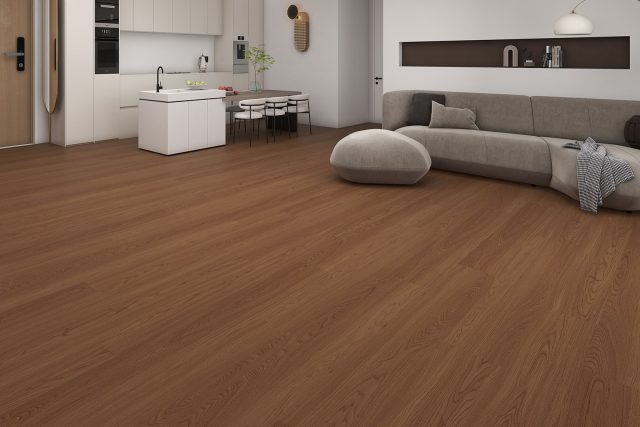 Durato Simple Teak – 6.50″ x 47.83″ by Durato, vinyl plank flooring, shown in a room setting (manufacturer image)