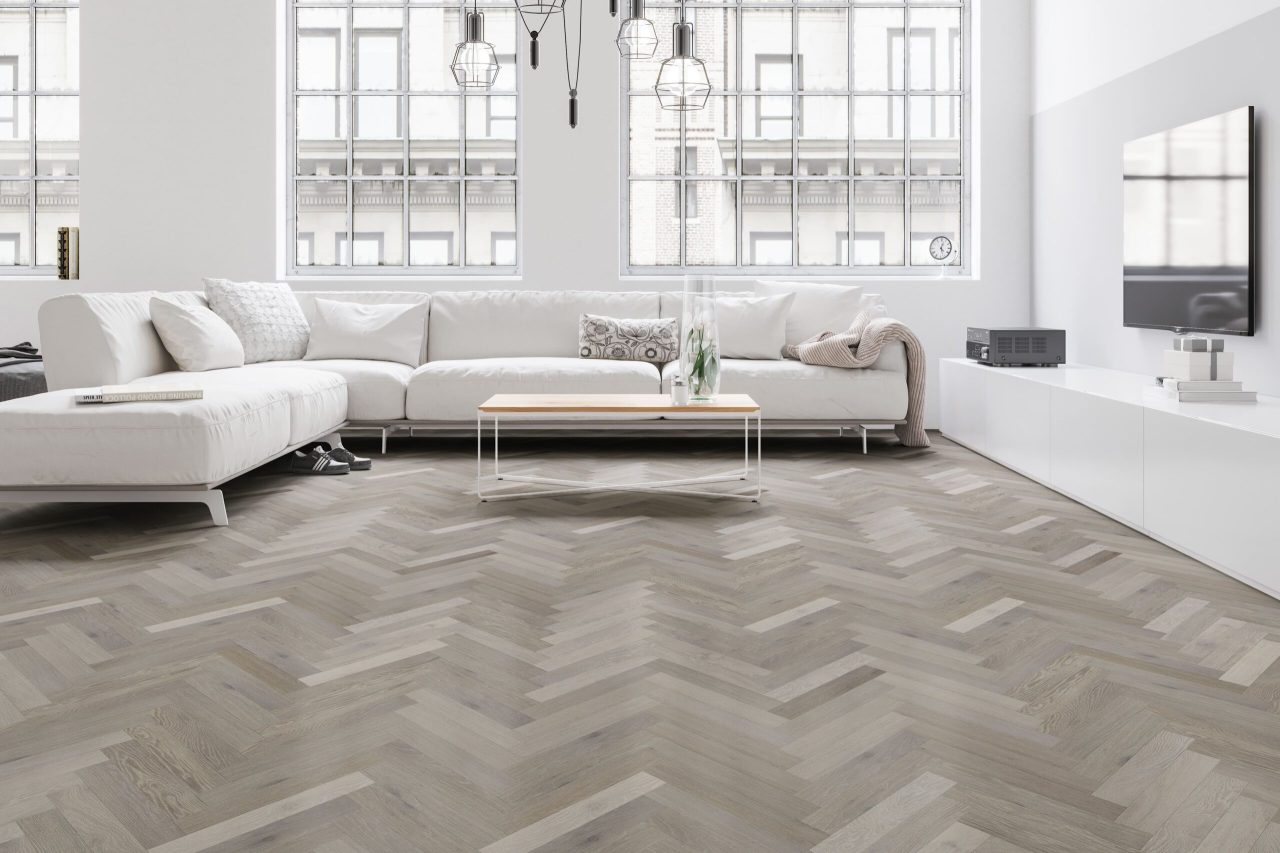 Terra Legno Engineered Simple – Ash Gray 6 1/2″ by Terra Legno, engineered wood flooring, shown in a room setting (manufacturer image)