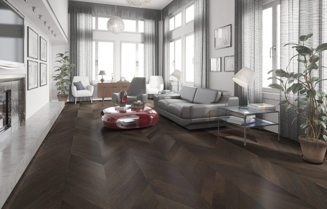 Terra Legno Engineered Black Pearl – 6″ Thickness by Terra Legno, engineered wood flooring, shown in a room setting (manufacturer image)