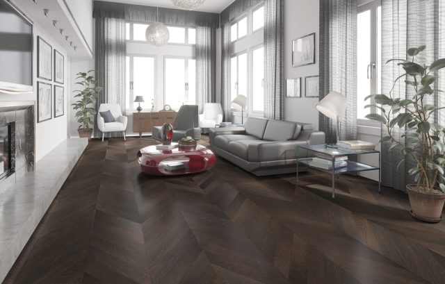 Terra Legno Engineered Black Pearl – 6″ Thickness by Terra Legno, engineered wood flooring, shown in a room setting (manufacturer image)