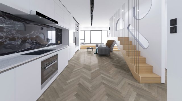 Terra Legno Engineered COBBLESTONE – 6 1/2″ Simple by Terra Legno, engineered wood flooring, shown in a room setting (manufacturer image)