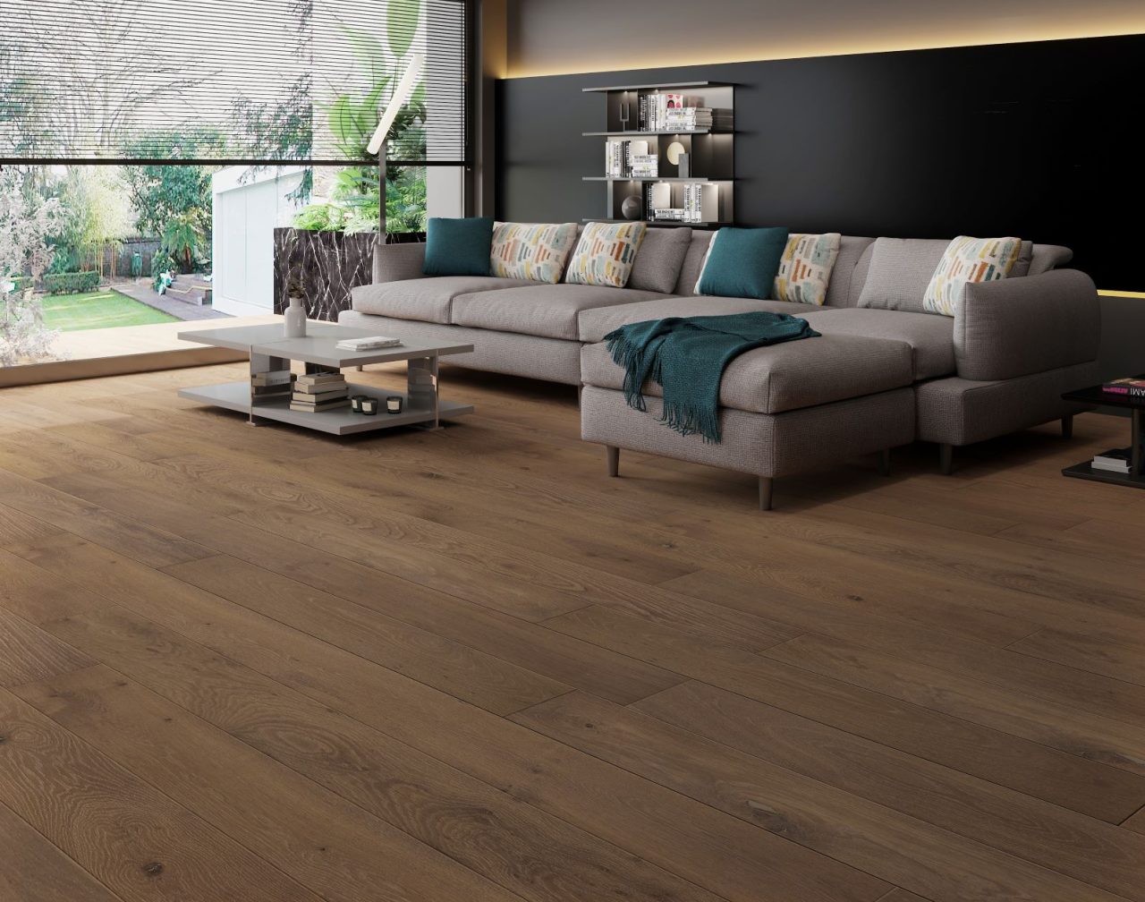Terra Legno Engineered Smoked Bourbon – 6″ 9/16″ by Terra Legno, engineered wood flooring, shown in a room setting (manufacturer image)