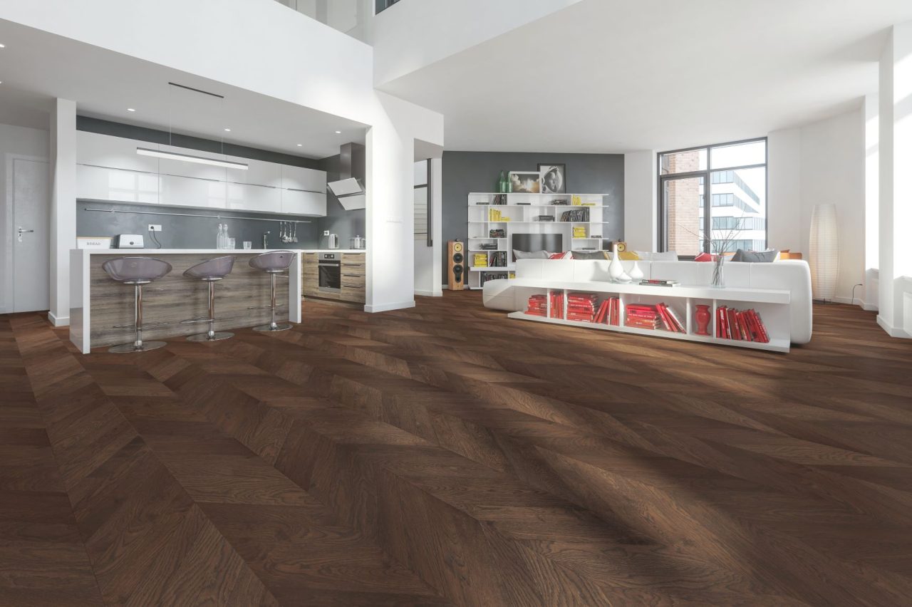 Terra Legno Engineered Wood – Smoked Umber 6″ by Terra Legno, engineered wood flooring, shown in a room setting (manufacturer image)