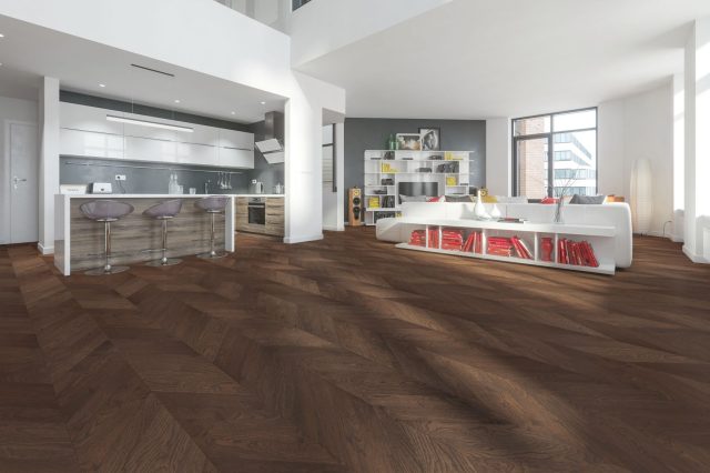 Terra Legno Engineered Wood – Smoked Umber 6″ by Terra Legno, engineered wood flooring, shown in a room setting (manufacturer image)