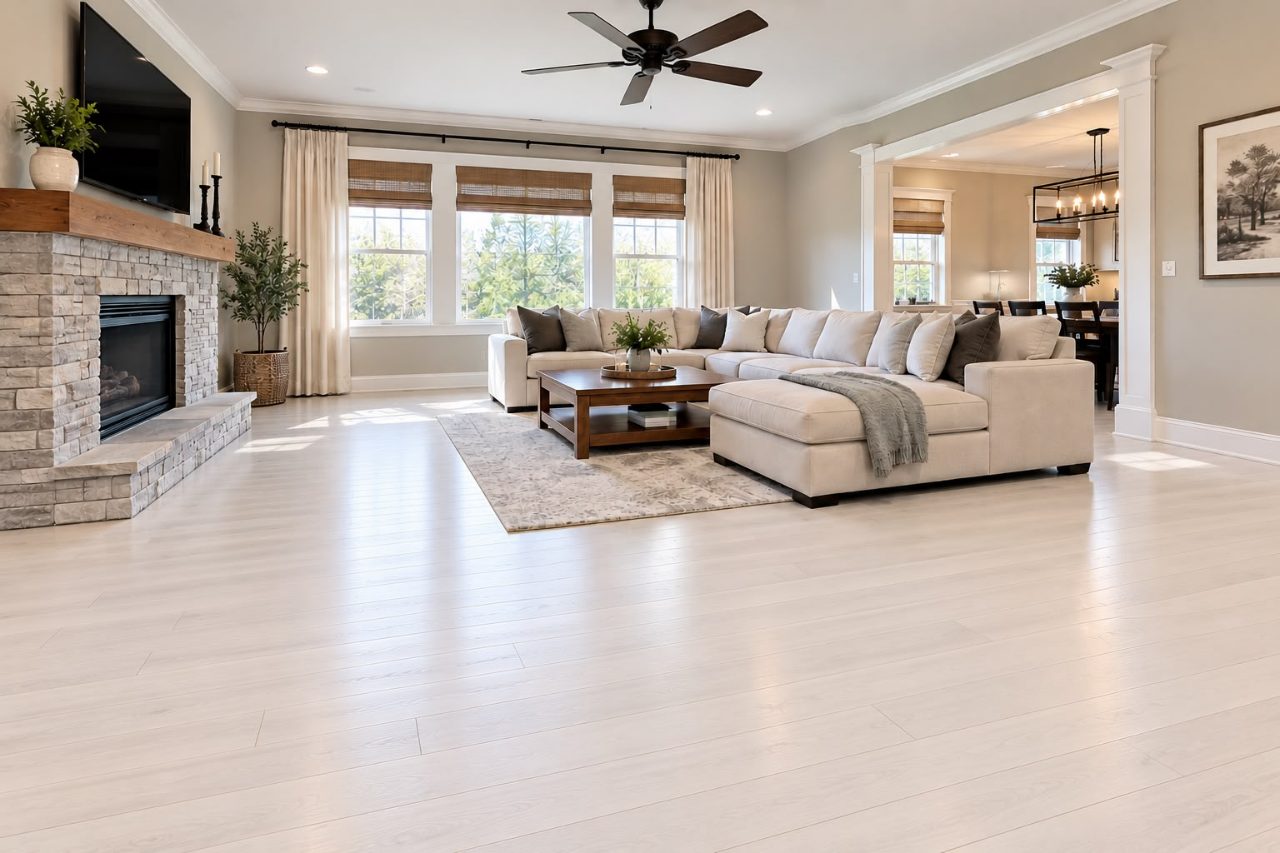 Polar White solid hardwood by Gold Flooring: whitewashed planks across a bright living room with a stone fireplace, a cream sectional sofa and a ceiling fan